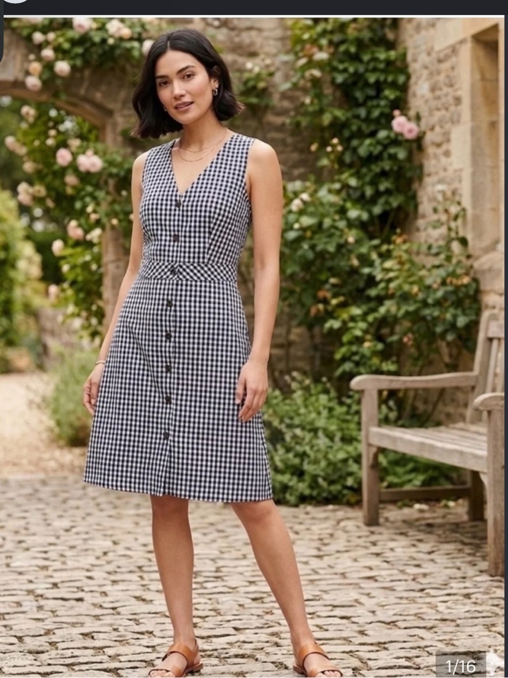 J. Crew Navy and White Gingham V-Neck Button Dress